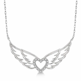 10K White Gold Angel Wings Heart Diamond Necklace