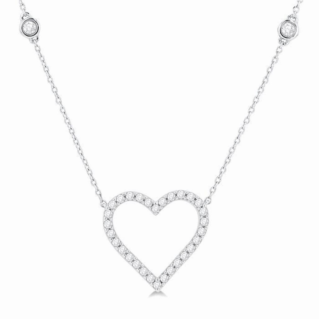 10K White Gold Diamond Station Heart Necklace