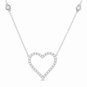 10K White Gold Diamond Station Heart Necklace