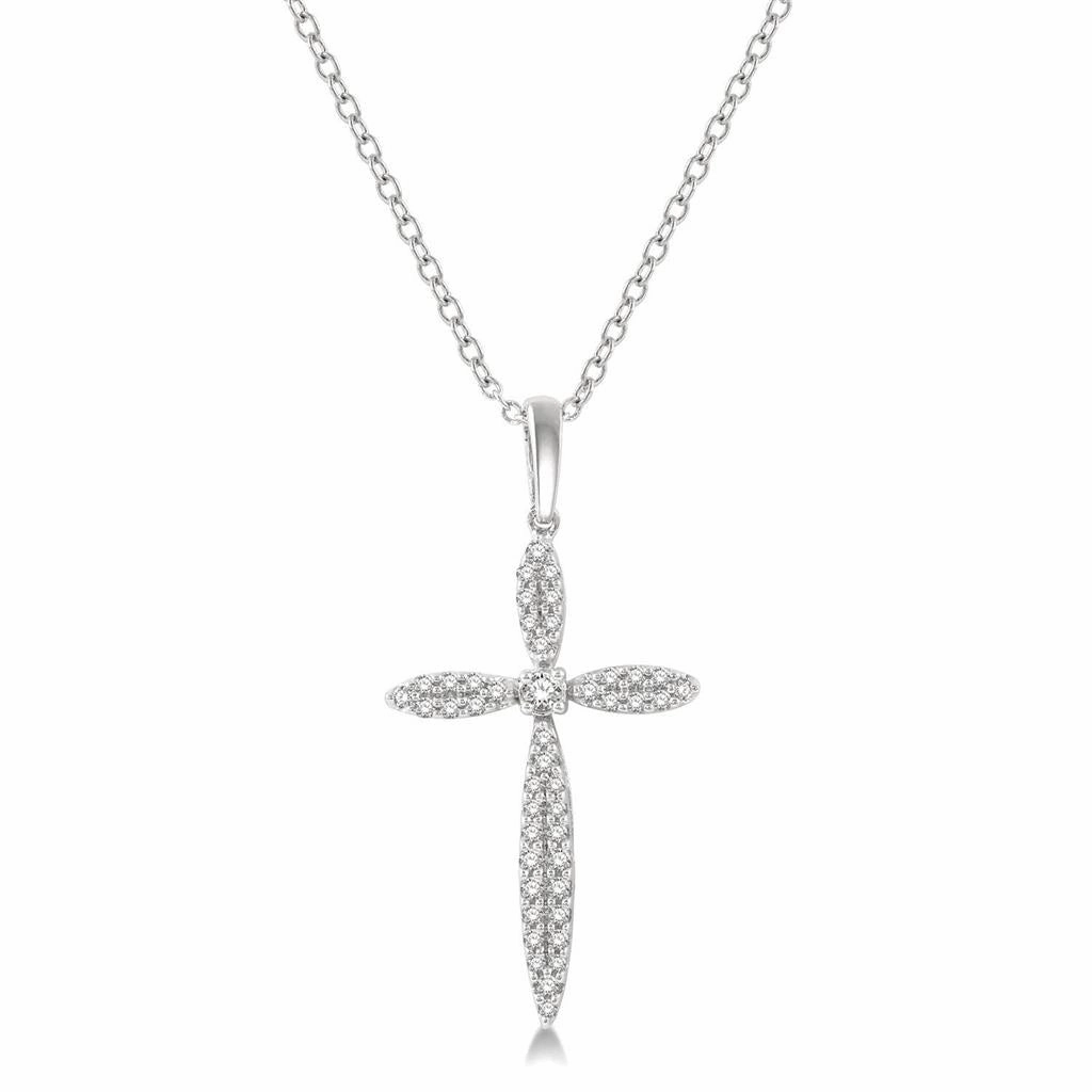 10K White Gold Marquise Shape Diamond Cross Pendant Necklace