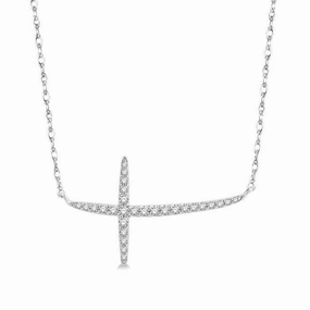 10K White Gold Natural Diamonds Cross Bar Necklace