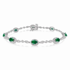 10K White Gold Oval Shape Emerald And Diamond Fancy Link Bracelet