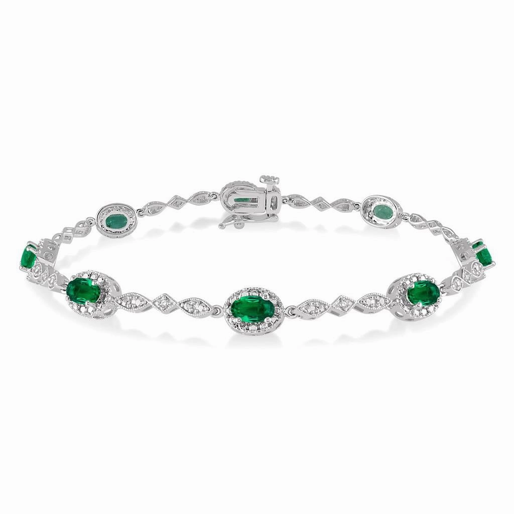 10K White Gold Oval Shape Emerald And Diamond Fancy Link Bracelet
