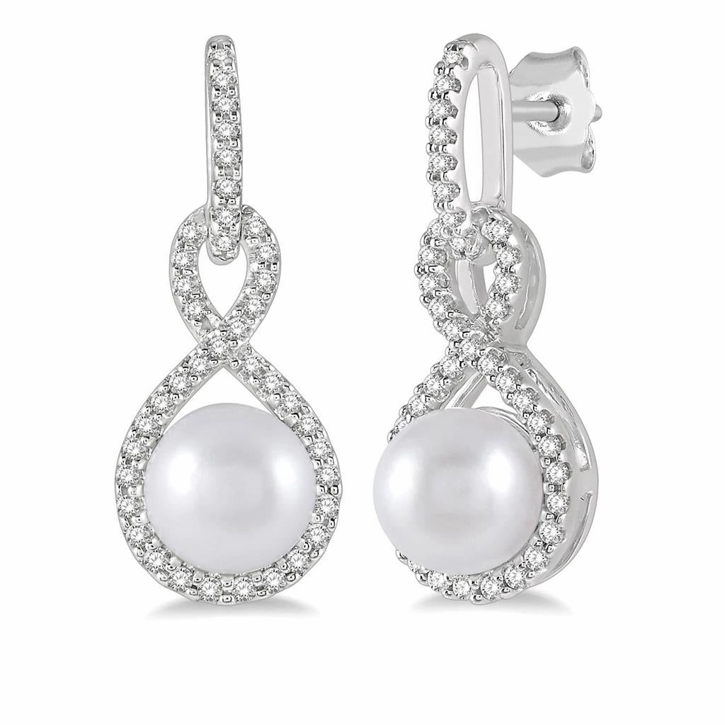 10K White Gold Pearl And Diamond Drop Earrings