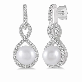 10K White Gold Pearl And Diamond Drop Earrings