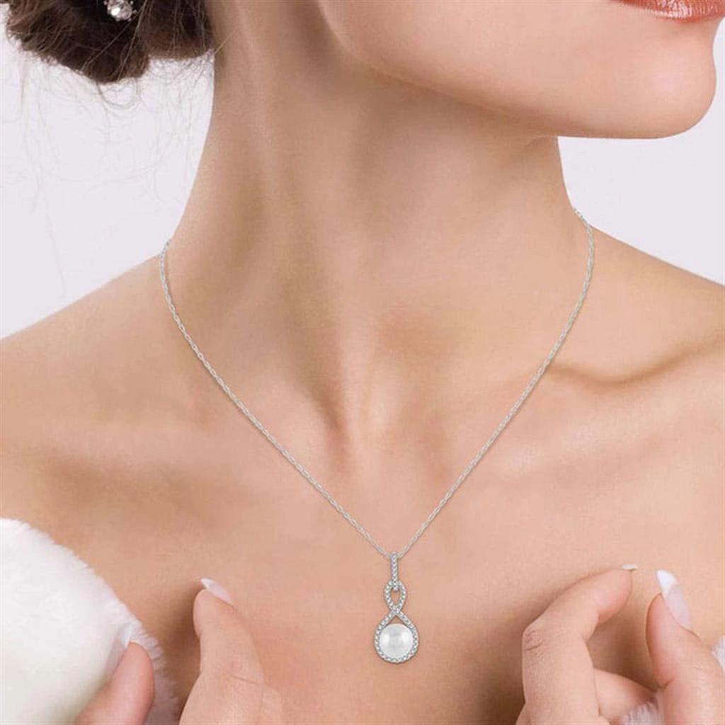 10K White Gold Pearl And Diamond Pendant Necklace