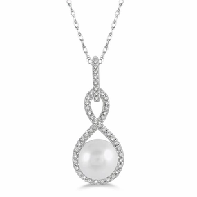 10K White Gold Pearl And Diamond Pendant Necklace