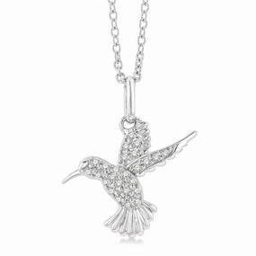 10K White Gold Petite Hummingbird Diamond Pendant Necklace