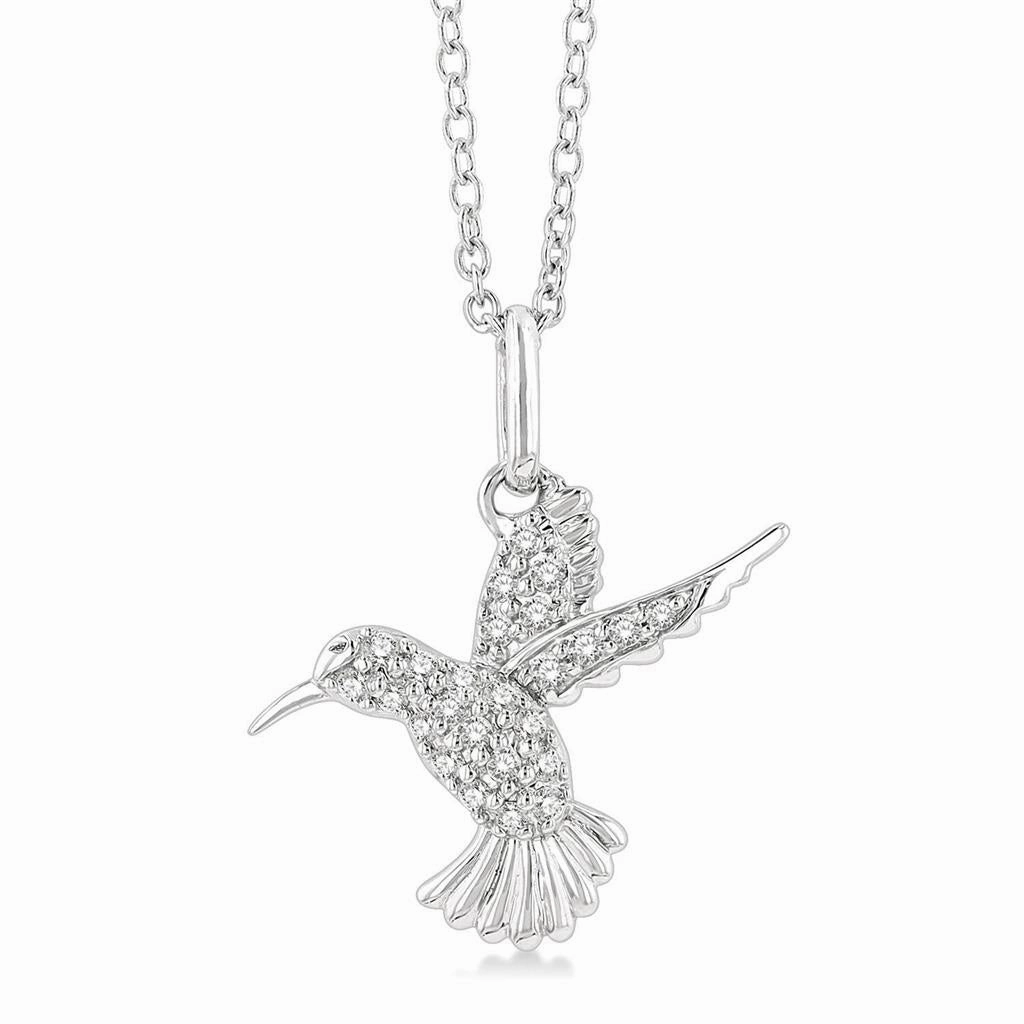 10K White Gold Petite Hummingbird Diamond Pendant Necklace