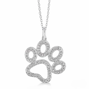 10K White Gold Petite Paw Print Diamond Pendant Necklace