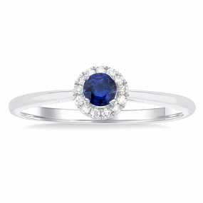 10K White Gold Round Sapphire And Diamond Halo Ring