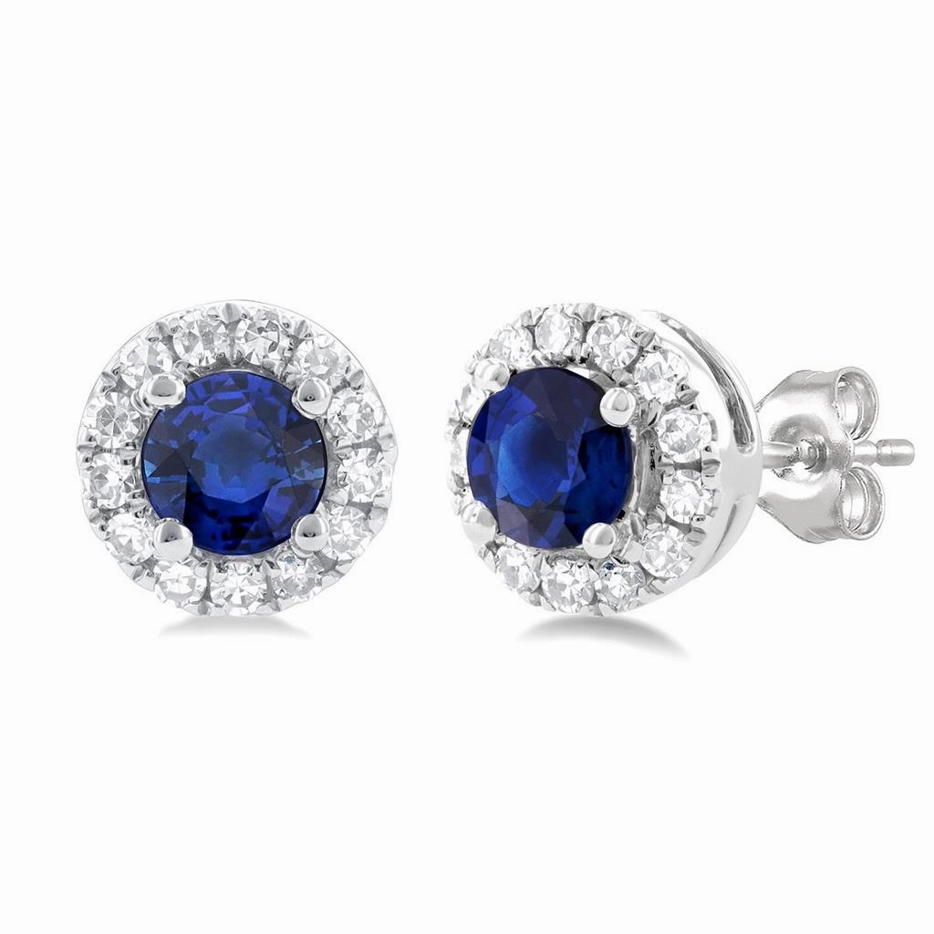 10K White Gold Sapphire And Diamond Halo Earrings