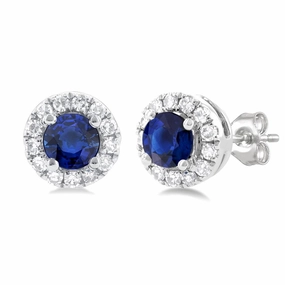 10K White Gold Sapphire And Diamond Halo Earrings