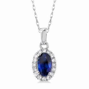 10K White Gold Sapphire And Diamond Halo Pendant Necklace