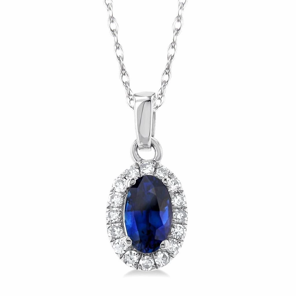 10K White Gold Sapphire And Diamond Halo Pendant Necklace