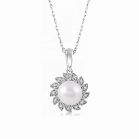 10K White Gold Sunflower Pearl And Diamond Pendant Necklace