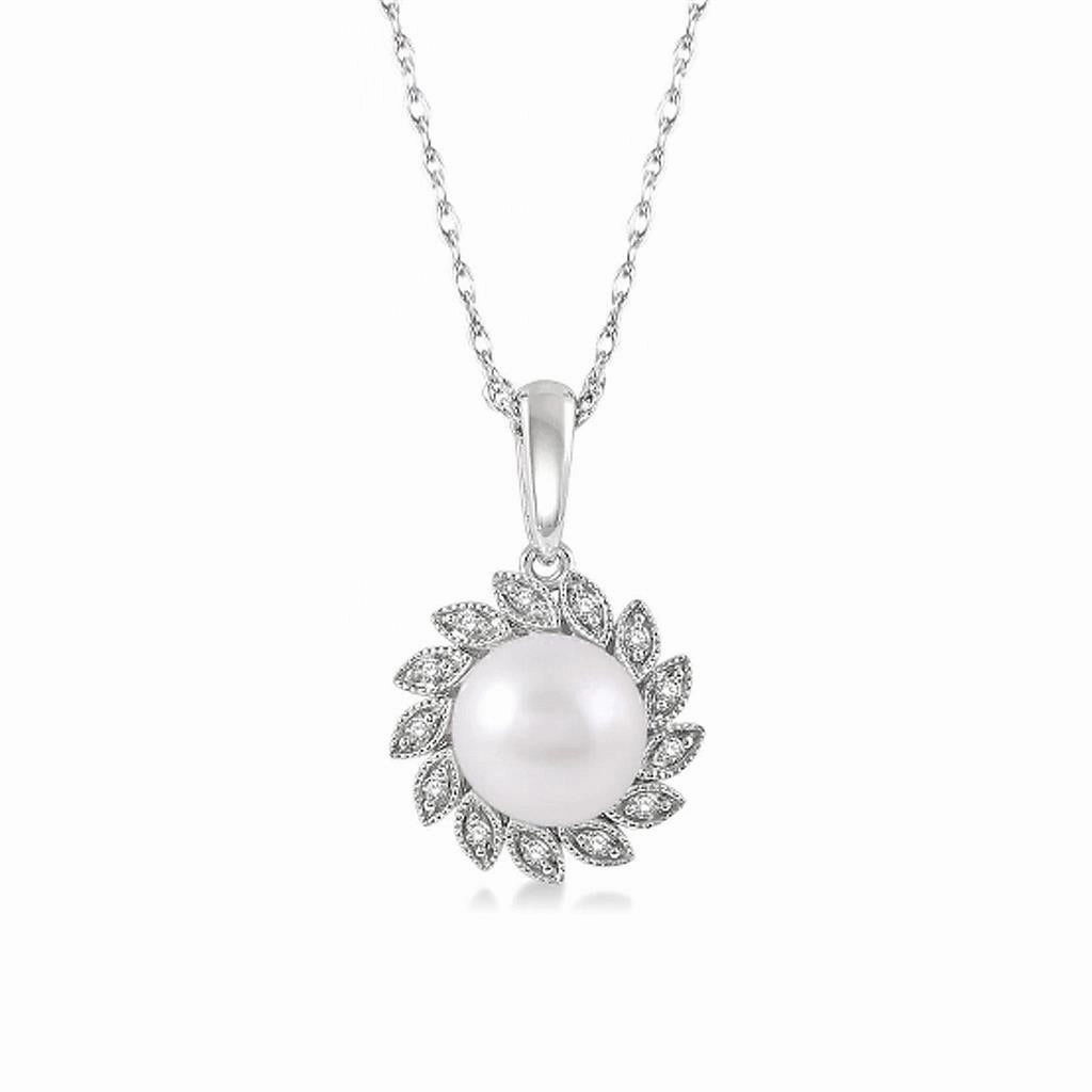 10K White Gold Sunflower Pearl And Diamond Pendant Necklace