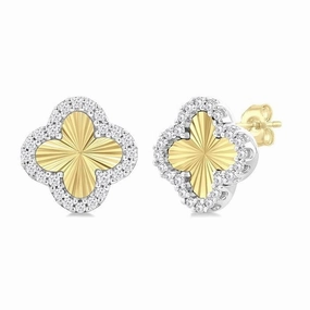 10K Yellow And White Gold Clover Fluted Diamond Earring