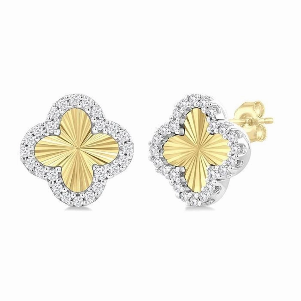 10K Yellow And White Gold Clover Fluted Diamond Earring