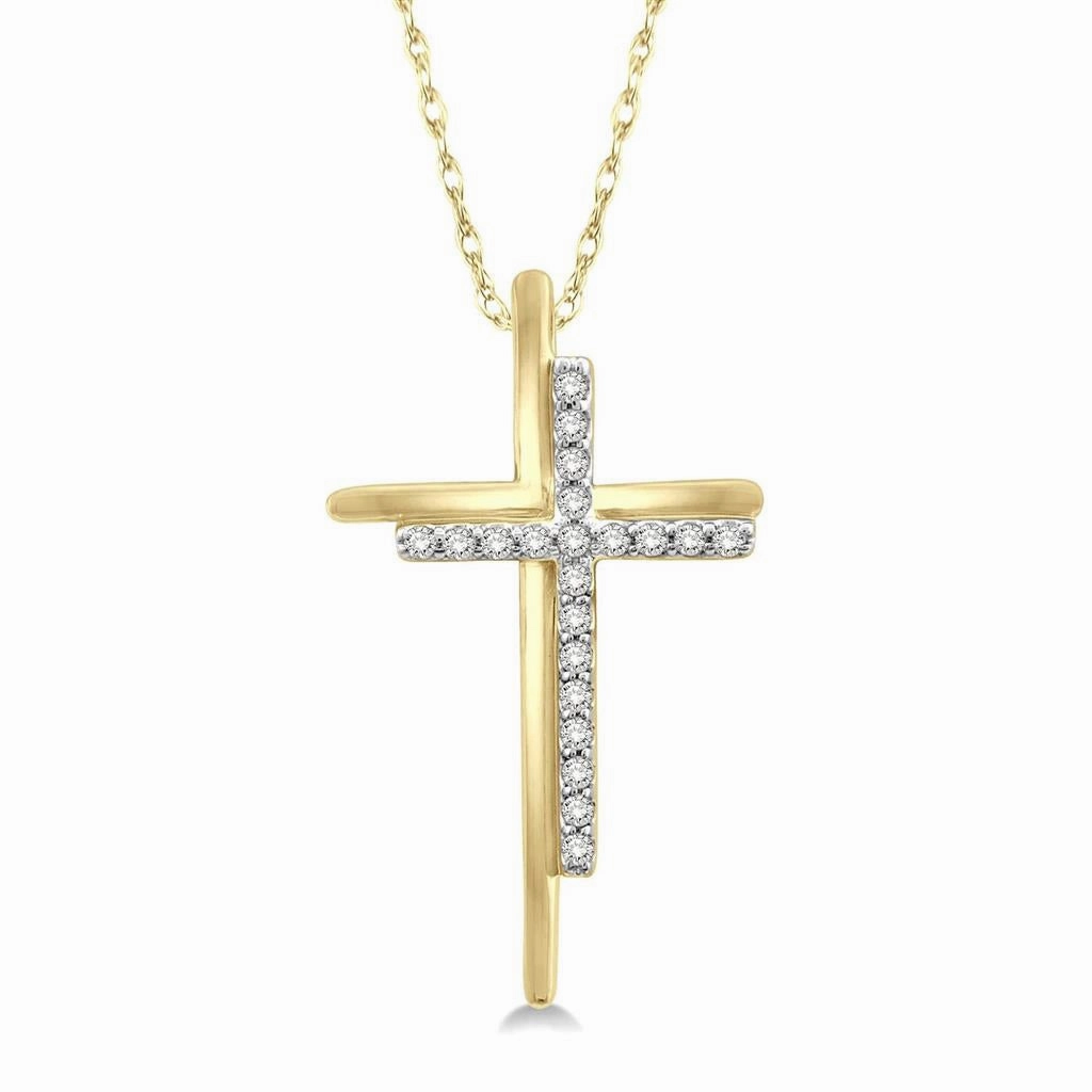 10K Yellow And White Gold Cross Diamond Fashion Pendant Necklace