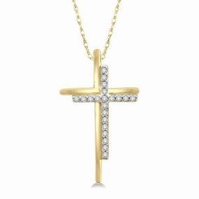 10K Yellow And White Gold Cross Diamond Fashion Pendant Necklace