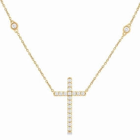 10K Yellow Gold Cross Diamond Station Necklace