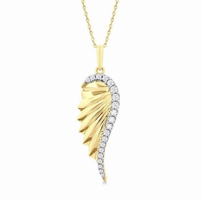 10K Yellow Gold Natural Diamonds Angel Wings Pendant Necklace