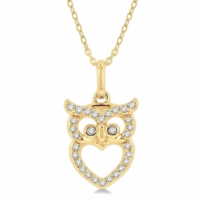 10K Yellow Gold Owl Petite Diamond Pendant Necklace