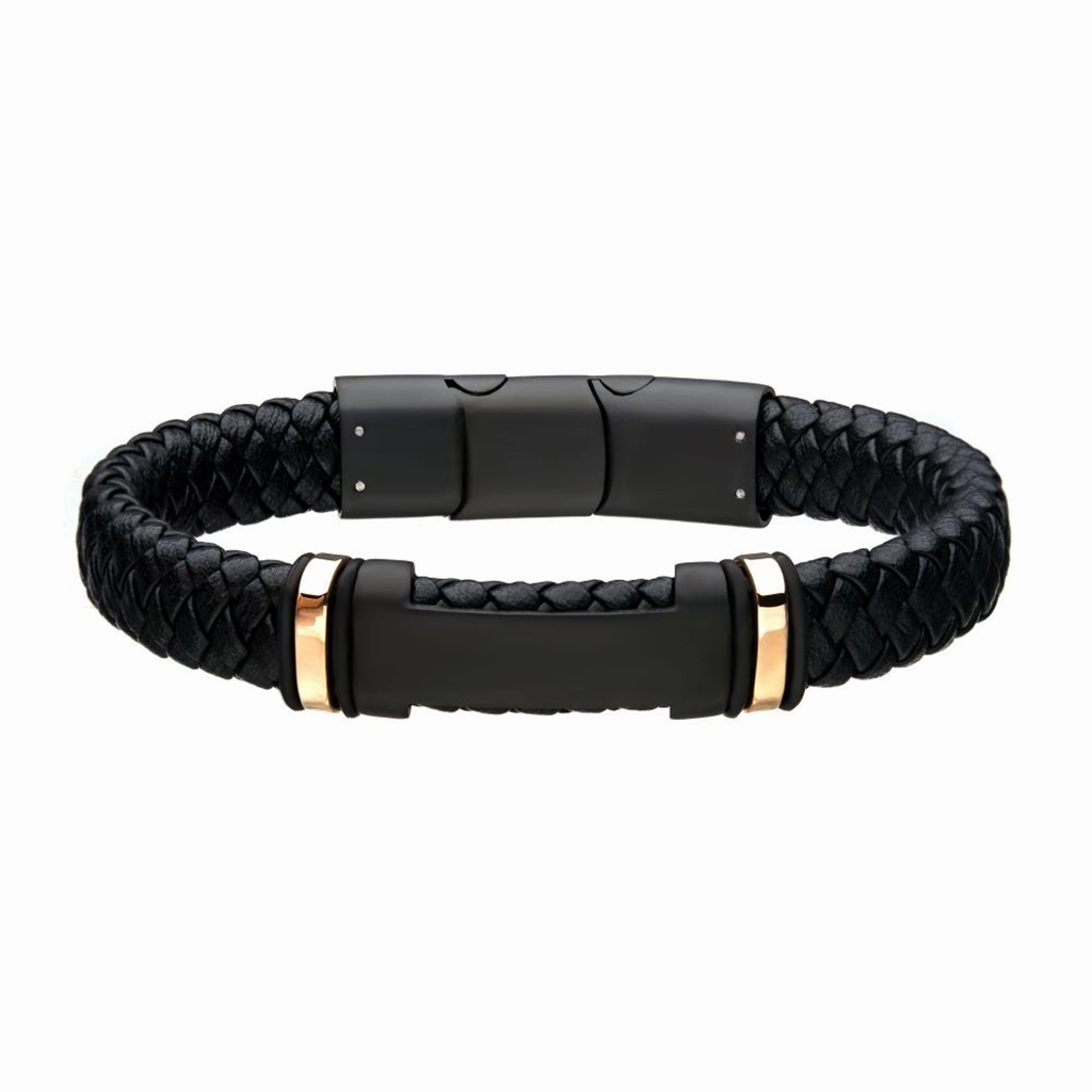 12mm Black Leather With Rose Gold IP ID Bracelet