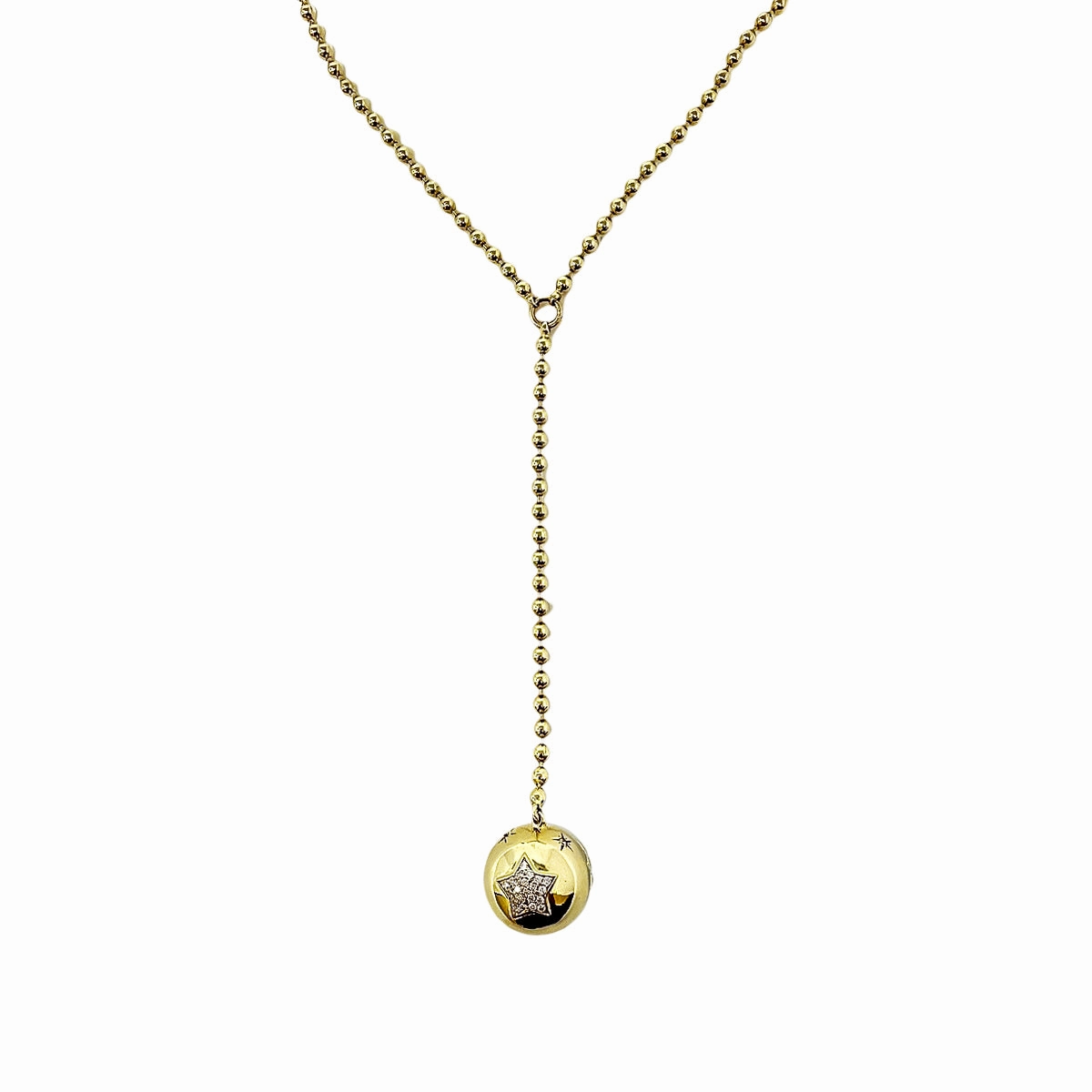 14K Gold Ball Chain Y Necklace with Diamond Embellished Ball Drop