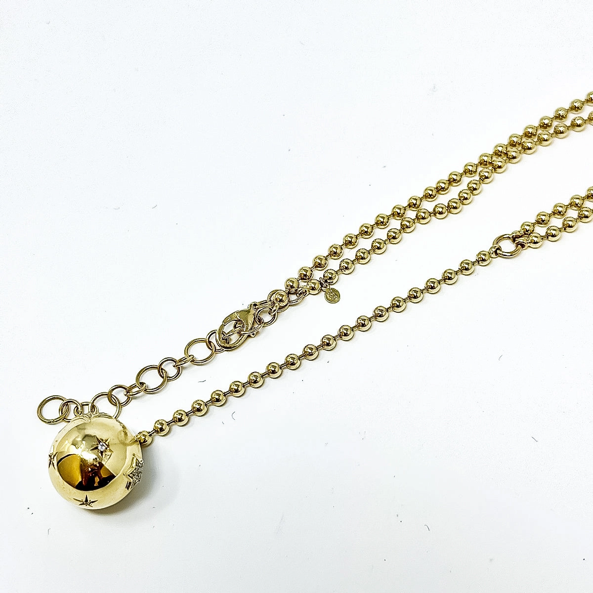 14K Gold Ball Chain Y Necklace with Diamond Embellished Ball Drop