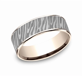 14K Rose Gold And Gray Tantalum The Tiger Stripe 7.5mm Comfort Fit Wedding Band