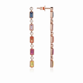 14K Rose Gold Rainbow Sapphires And Diamond Drop Earrings