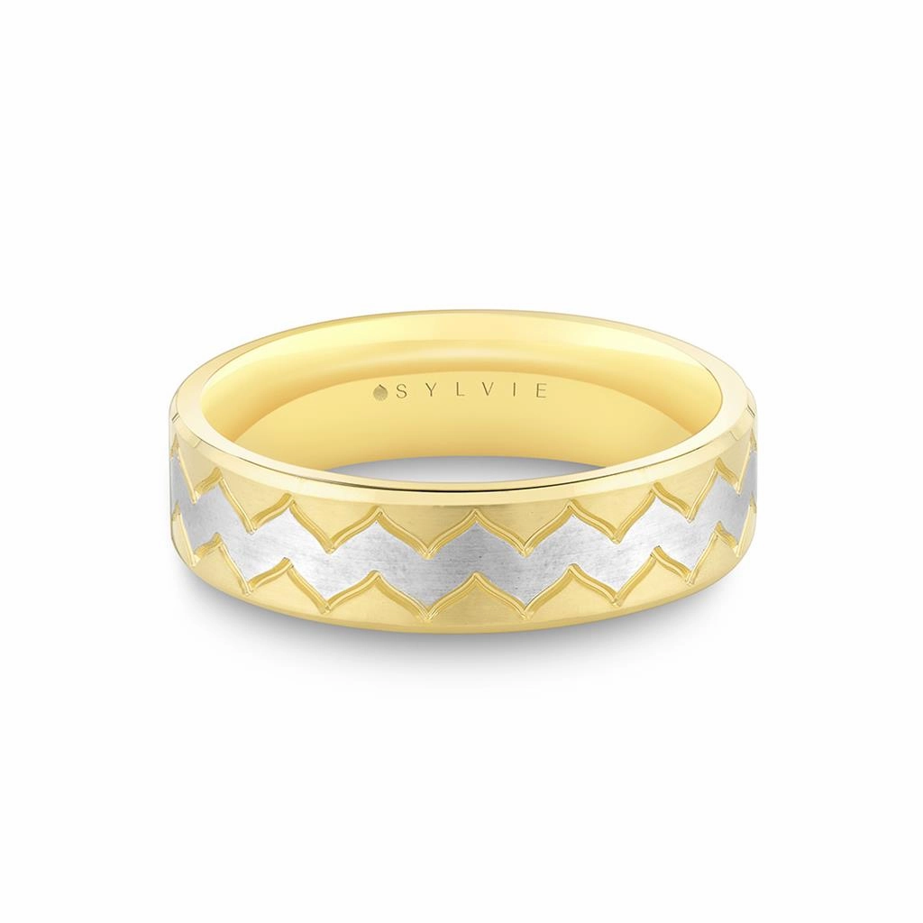 14K White And Yellow Gold Zig Zag Pattern Wedding Band