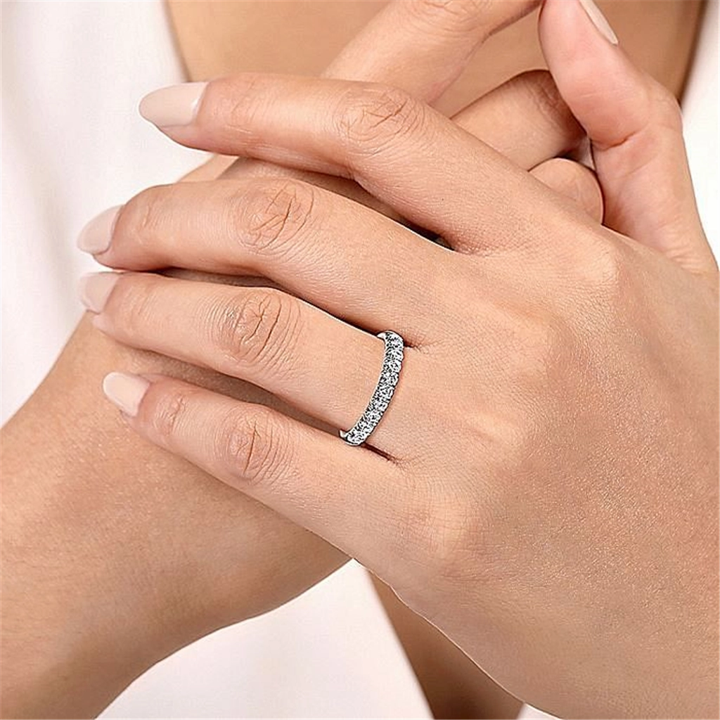 14K White Gold 11 Stone French Pav Diamond Wedding Band