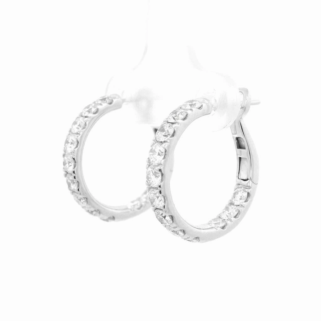 14K White Gold 19mm Round Inside Out Natural Diamonds Hoop Earrings