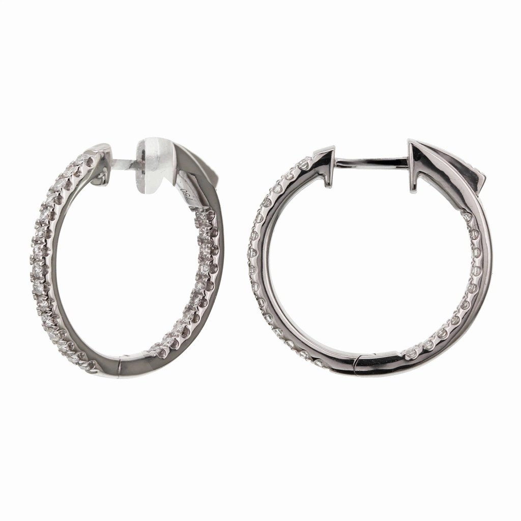 14K White Gold 20mm Round Inside Out Natural Diamonds Hoop Earrings