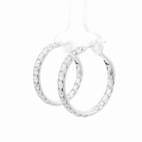 14K White Gold 25Mm Round Inside Out Natural Diamonds Hoop Earrings