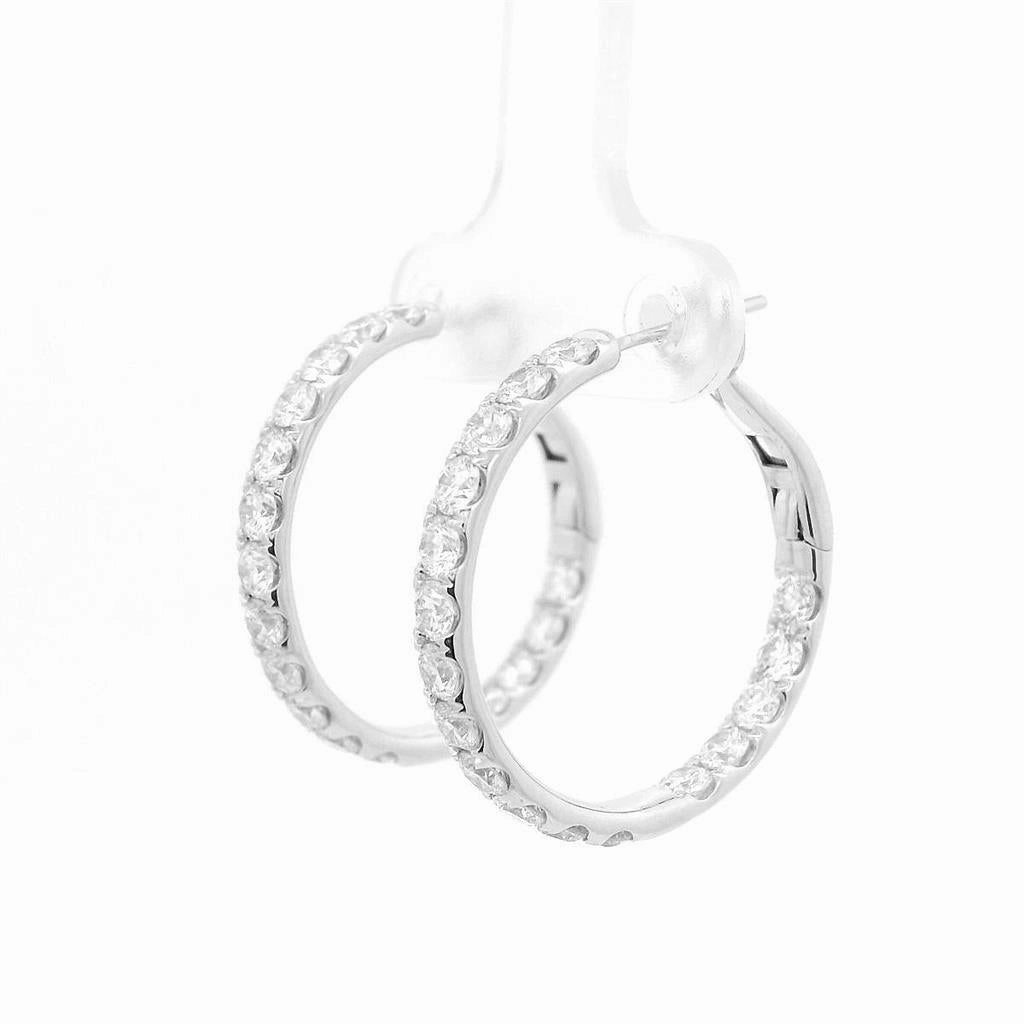 14K White Gold 25Mm Round Inside Out Natural Diamonds Hoop Earrings