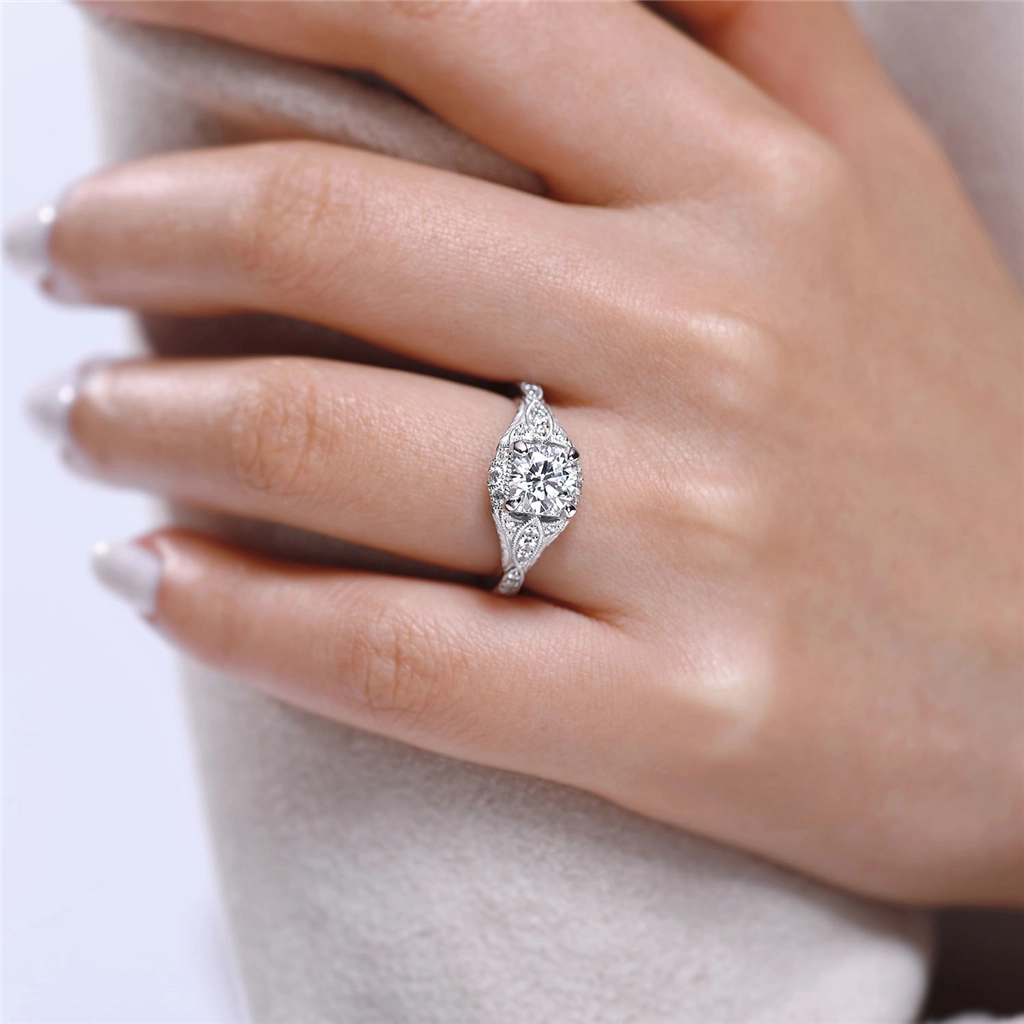 14K White Gold 'Windsor' Vintage Inspired Round Diamond Engagement Ring