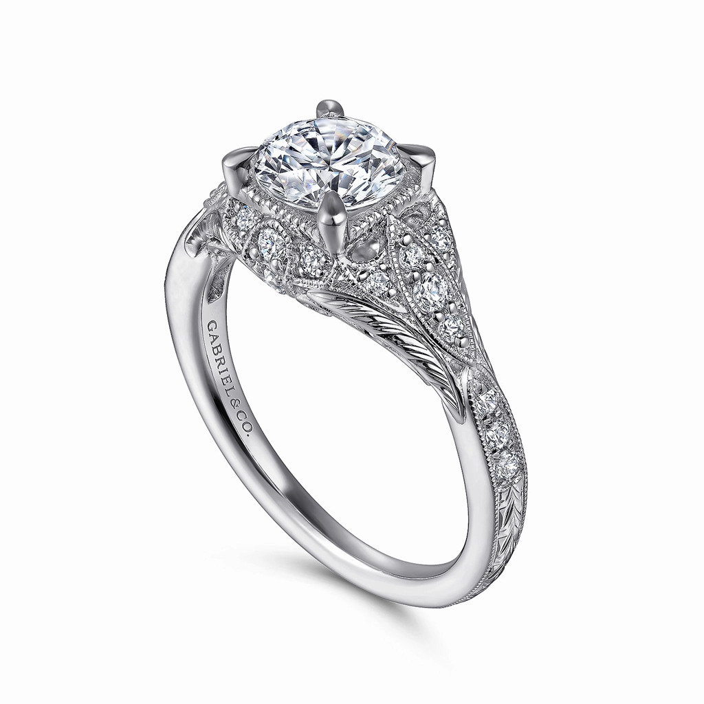 14K White Gold 'Windsor' Vintage Inspired Round Diamond Engagement Ring