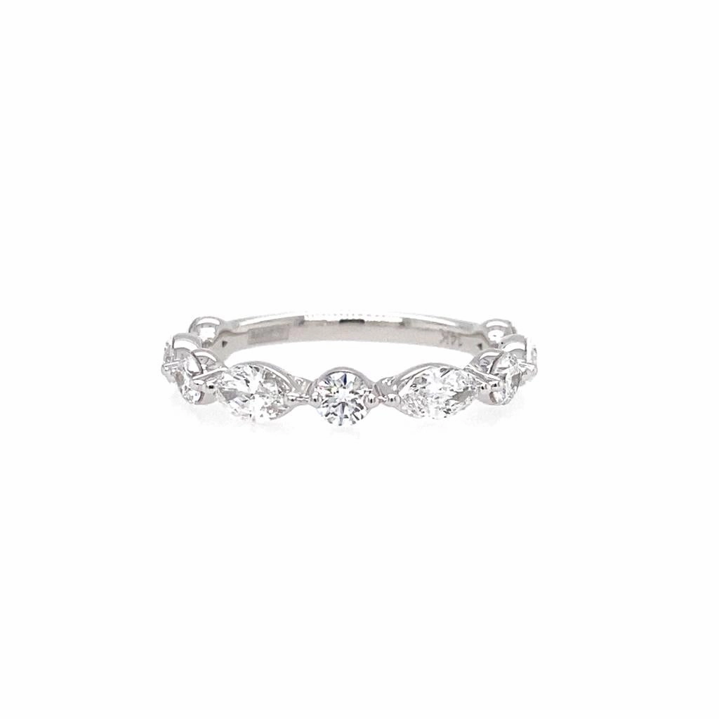 14K White Gold Alternating Marquise and Round Shape Diamond Band