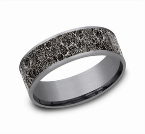 14K White Gold And Dark Grey Tantalum Moon Rock Finish Center 7.5mm Wedding Band