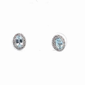 14K White Gold Aquamarine And Diamond Halo Stud Earrings