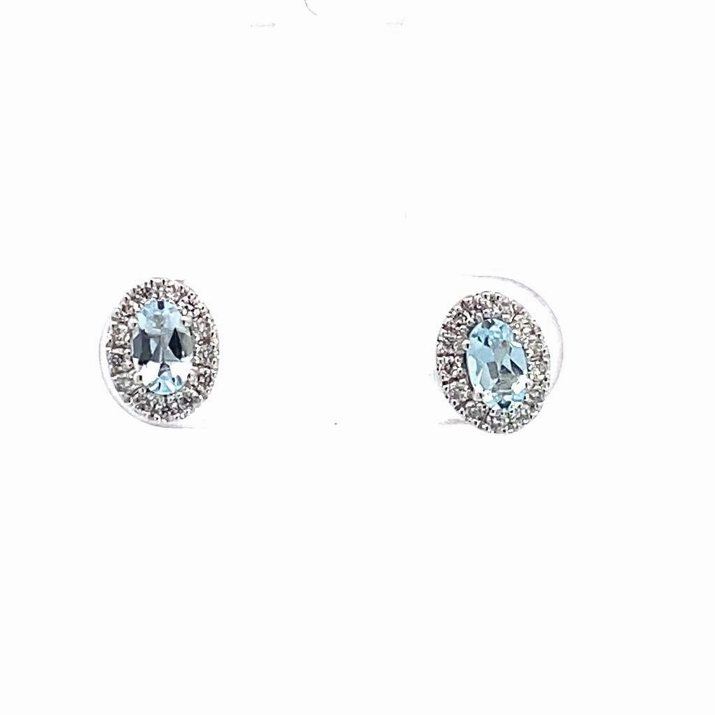 14K White Gold Aquamarine And Diamond Halo Stud Earrings