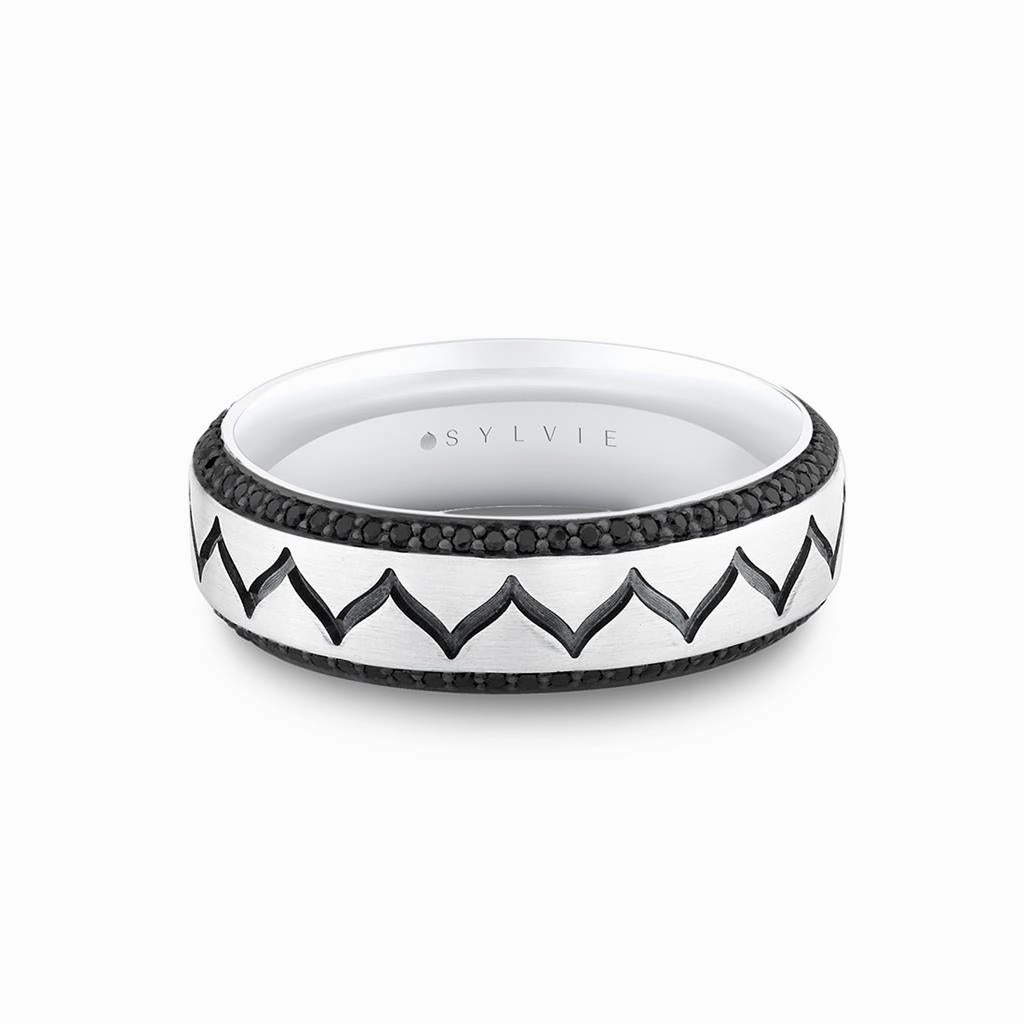 14K White Gold Black Diamond Wedding Band With Zig Zag Pattern