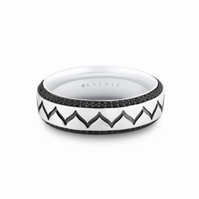 14K White Gold Black Diamond Wedding Band With Zig Zag Pattern