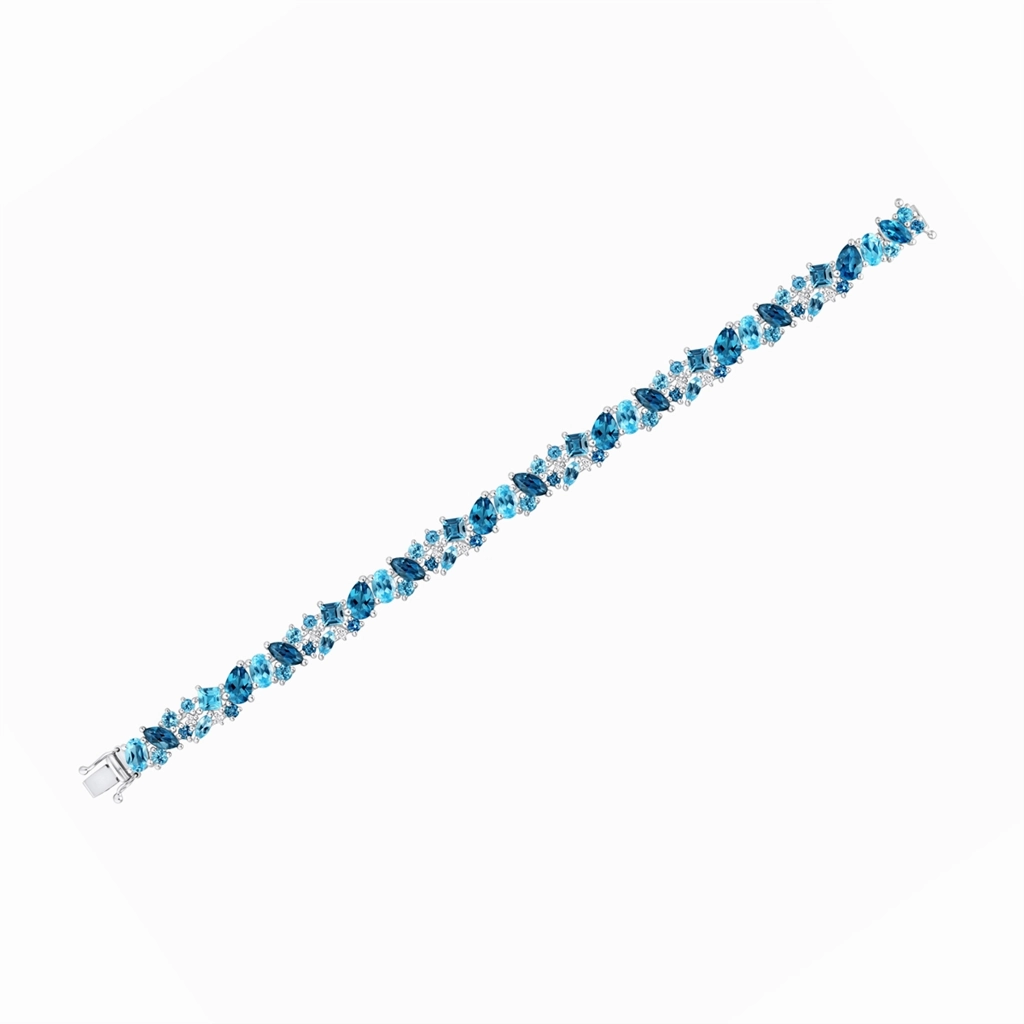 14K White Gold Blue Topaz And Diamond Cluster Bracelet