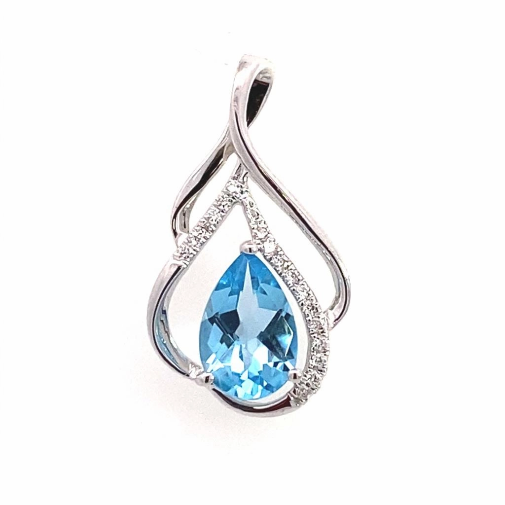 14K White Gold Blue Topaz And Diamond Free Form Pendant