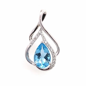 14K White Gold Blue Topaz And Diamond Free Form Pendant